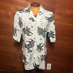 VINTAGE 80s Southwestern Button Up Rabbits Graphic Print Geometric Size Small